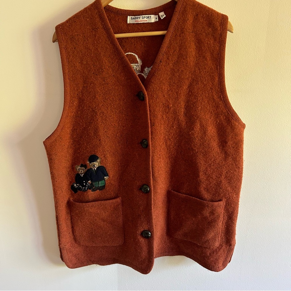 100% Vintage Rust Orange Wool Vest with Teddy Bear Embroidery